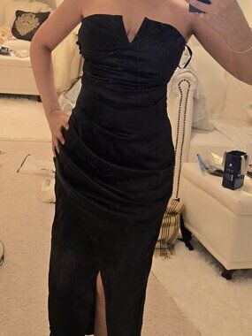 Black satin strapless V notch front cocktail dress